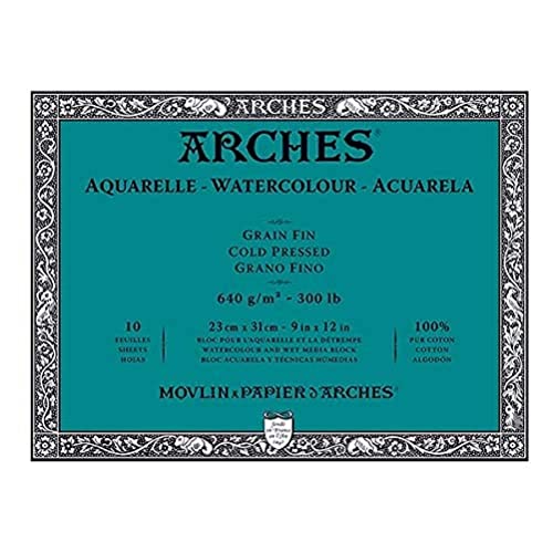 Arches Aquarelle – Block 10 Blatt 23 x 31 cm, geklebt, 4 Seiten – 640 g/m² – Satinierte Körnung, Naturweiß, 4 Francs von ARCHES