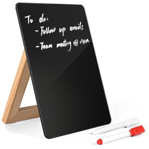 ARCOBIS Glas Desktop Whiteboard mit drehbarem Massivholzständer, 24 x 17,5 cm kleines Glas-Trockenlöschbrett mit 2 Markern, Schreibtisch-Whiteboard-Aufsteller, Glas-Notizblock für Büro, Zuhause von ARCOBIS