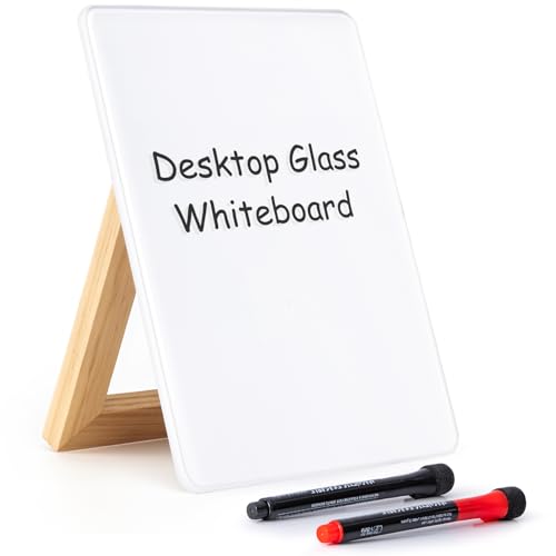 ARCOBIS Glas Desktop Whiteboard mit drehbarem Massivholzständer, 24 x 17,5 cm kleines Glas-Trockenlöschbrett mit 2 Markern, Schreibtisch-Whiteboard-Aufsteller, Glas-Notizblock für Büro, Zuhause (Weiß) von ARCOBIS