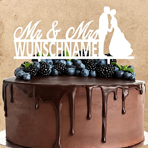 Wunschtext Cake Topper aus Acryl zur Hochzeit | Mr & Mrs | personalisiert mit Wunschnamen | Kuchendeko Tortenstecker | weiß | Kuchendekoration und Tortenschmuck 100% Made in Germany von AREA17