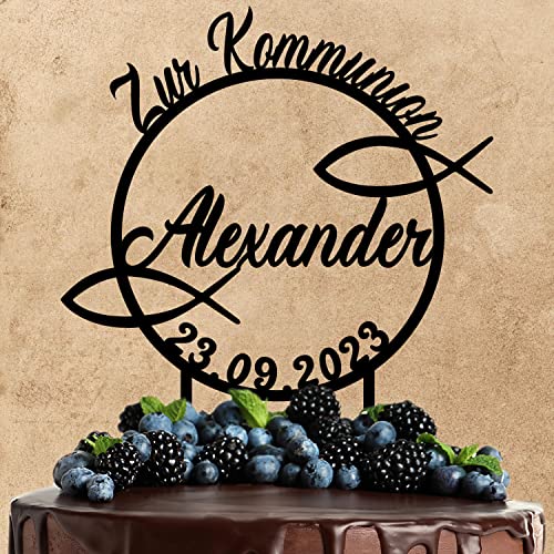 Wunschtext Cake Topper aus Acryl zur Kommunion | personalisiert mit Namen und Datum | Kuchendeko Tortenstecker | schwarz | Kuchendekoration und Tortenschmuck 100% Made in Germany von AREA17