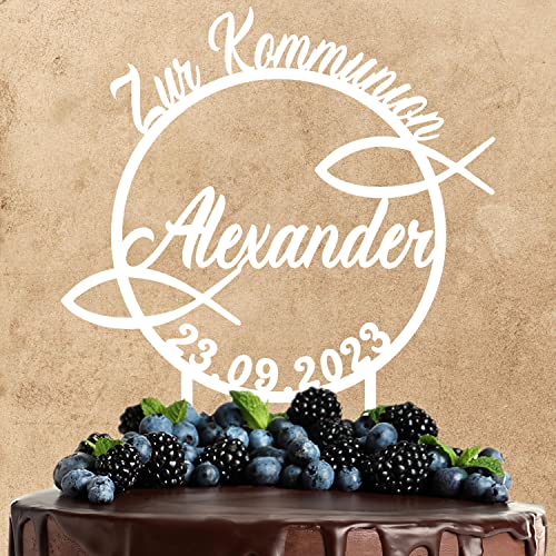 Wunschtext Cake Topper aus Acryl zur Kommunion | personalisiert mit Namen und Datum | Kuchendeko Tortenstecker | weiß | Kuchendekoration und Tortenschmuck 100% Made in Germany von AREA17