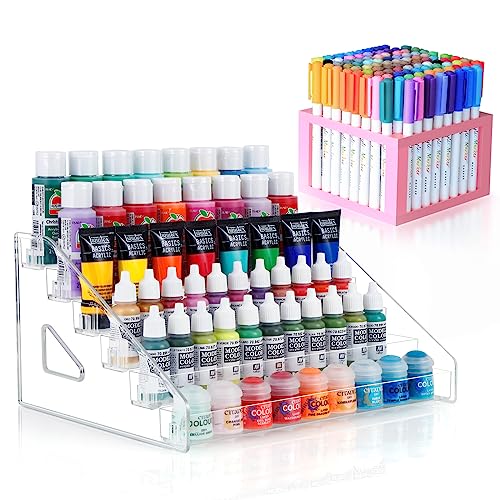 ARFETIGO 6-Schicht Acrylfarbe Organizer&Paint Pinsel Halter Snap-on Design Einfache Montage Farbe Speicher Rack für Acryl Handwerk Hobby Miniatur Modell Licht Farbe Dose Lagerung (Rosa) von ARFETIGO