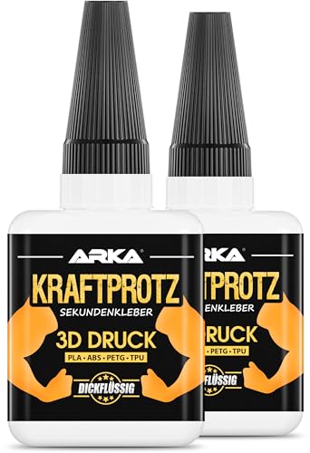 arka 2x 50 g 3D DRUCK Sekundenkleber extra stark Inkl. Anti-Austrocknung-Spitze KRAFTPROTZ Dickflüssiger Superkleber Wasserfest PLA-Kleber,ABS-Kleber,PETG-Kleber & TPU-Kleber von ARKA