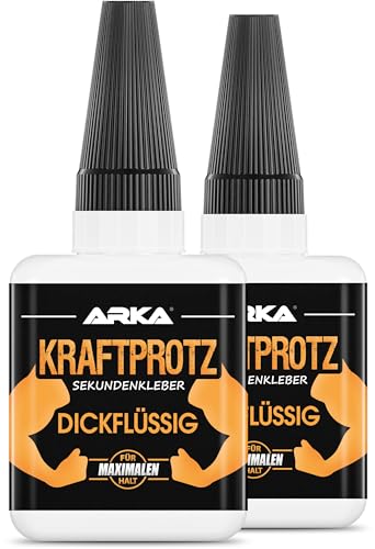 2x 50 g Sekundenkleber extra stark | Inkl. Anti-Austrocknungs-Spitze | KRAFTPROTZ | Dickflüssiger Superkleber | Universell verwendbar zum Kleben von Plastik, Kunststoff, Glas, Holz, Stein, Metall uvm von ARKA