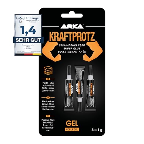 3x 1g Sekundenkleber extra stark - Inkl. Anti-Austrocknungs-Spitze - KRAFTPROTZ - Dickflüssiger Superkleber - Universell verwendbar zum Kleben von Plastik, Kunststoff, Glas, Holz, Stein, Metall uvm. von ARKA