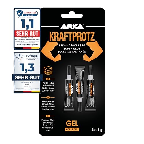 3x 1g Sekundenkleber extra stark - Inkl. Anti-Austrocknungs-Spitze - KRAFTPROTZ - Dickflüssiger Superkleber - Universell verwendbar zum Kleben von Plastik, Kunststoff, Glas, Holz, Stein, Metall uvm. von ARKA