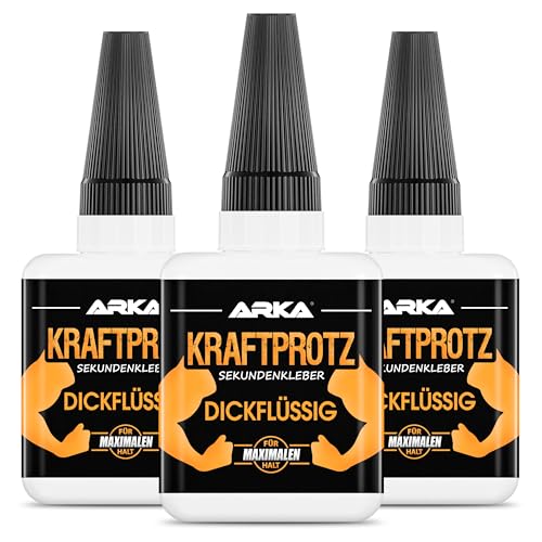 3x 50 g Sekundenkleber extra stark | Inkl. Anti-Austrocknungs-Spitze | KRAFTPROTZ | Dickflüssiger Superkleber | Universell verwendbar zum Kleben von Plastik, Kunststoff, Glas, Holz, Stein, Metall uvm von ARKA