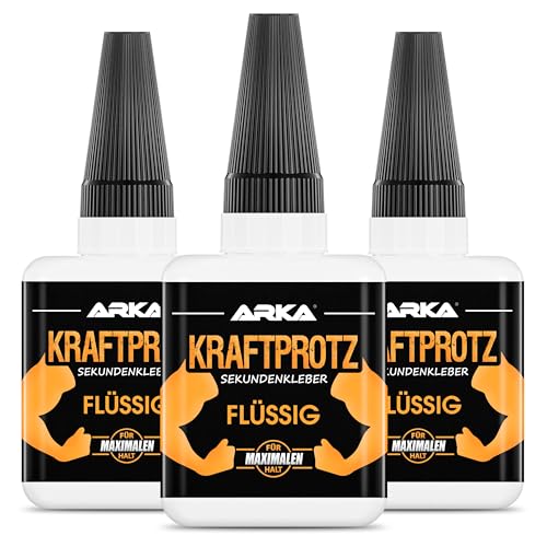 3x 50 g Sekundenkleber extra stark | Inkl. Anti-Austrocknungs-Spitze | KRAFTPROTZ | Flüssiger Superkleber | Universell verwendbar zum Kleben von Plastik, Kunststoff, Glas, Holz, Stein, Metall uvm. von ARKA