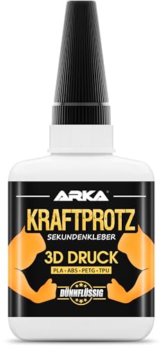 50 g 3D DRUCK Sekundenkleber extra stark | Inkl. Anti-Austrocknung-Spitze | KRAFTPROTZ | Dünnflüssiger Superkleber | Wasserfest | PLA-Kleber, ABS-Kleber, PETG-Kleber & TPU-Kleber von ARKA