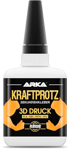 50 g 3D DRUCK Sekundenkleber extra stark - Inkl. Anti-Austrocknung-Spitze - KRAFTPROTZ - Flüssiger Superkleber - Wasserfest - PLA-Kleber, ABS-Kleber, PETG-Kleber & TPU-Kleber von ARKA