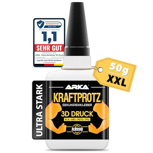 50 g 3D DRUCK Sekundenkleber extra stark - Inkl. Anti-Austrocknung-Spitze - KRAFTPROTZ - Flüssiger Superkleber - Wasserfest - PLA-Kleber, ABS-Kleber, PETG-Kleber & TPU-Kleber von ARKA