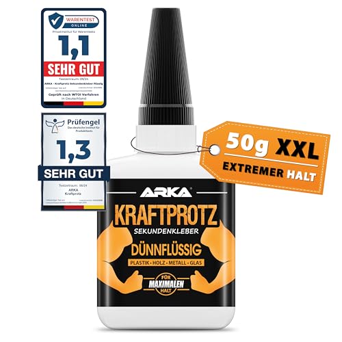 50 g Sekundenkleber extra stark - Inkl. Anti-Austrocknungs-Spitze - KRAFTPROTZ - Dünnflüssiger Superkleber - Universell verwendbar zum Kleben von Plastik, Kunststoff, Glas, Holz, Stein, Metall uvm. von ARKA