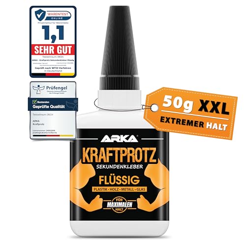 50 g Sekundenkleber extra stark - Inkl. Anti-Austrocknungs-Spitze - KRAFTPROTZ - Flüssiger Superkleber - Universell verwendbar zum Kleben von Plastik, Kunststoff, Glas, Holz, Stein, Metall uvm. von ARKA