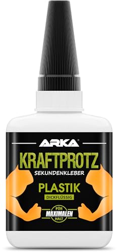 50 g Sekundenkleber für Kunststoff extra stark, wasserfest, hitzebeständig & Verschluss gegen Austrocknung - dickflüssiger Kunststoffkleber, Plastik Kleber für Kunststoff, Acrylglas - ARKA Kraftprotz von ARKA