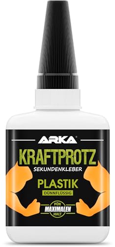 50 g Sekundenkleber für Kunststoff extra stark, wasserfest, hitzebeständig & Verschluss gegen Austrocknung - dünnflüssiger Kunststoffkleber, Plastik Kleber für Kunststoff, Acrylglas - ARKA Kraftprotz von ARKA