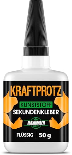 50 g Sekundenkleber für Kunststoff extra stark, wasserfest, hitzebeständig & Verschluss gegen Austrocknung - flüssiger Kunststoffkleber, Plastik Kleber für Kunststoff, Acrylglas - ARKA Kraftprotz von ARKA