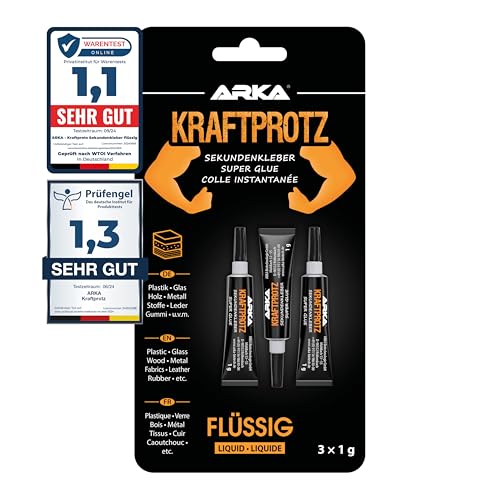 ARKA 3x 1g Sekundenkleber extra stark - Inkl. Anti-Austrocknungs-Spitze - KRAFTPROTZ - Flüssiger Superkleber - Universell verwendbar zum Kleben von Plastik, Kunststoff, Glas, Holz, Stein, Metall uvm. von ARKA