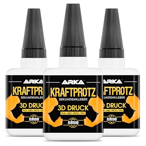 ARKA 3x 50 g 3D DRUCK Sekundenkleber extra stark | Inkl. spezieller Spitze gegen Austrocknung | KRAFTPROTZ | Flüssiger Superkleber | Wasserfest | PLA-Kleber, ABS-Kleber, PETG-Kleber & TPU-Kleber von ARKA