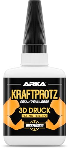 50 g 3D DRUCK Sekundenkleber extra stark - Inkl. Anti-Austrocknung-Spitze - KRAFTPROTZ - Dickflüssiger Superkleber - Wasserfest - PLA-Kleber, ABS-Kleber, PETG-Kleber & TPU-Kleber von ARKA