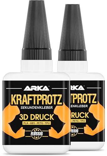 Arka 2x 50 g 3D DRUCK Sekundenkleber extra stark | Inkl. spezieller Spitze gegen Austrocknung | KRAFTPROTZ | Flüssiger Superkleber | Wasserfest | PLA-Kleber, ABS-Kleber, PETG-Kleber & TPU-Kleber von ARKA