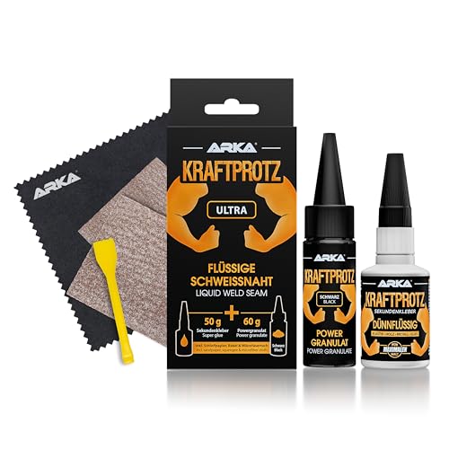 Flüssige Schweißnaht extra stark - KRAFTPROTZ - Schwarz - 50g Sekundenkleber + 60g Powergranulat + Zubehör - Universell verwendbar zum Kleben von Plastik, Kunststoff, Glas, Holz, Stein, Metall uvm. von ARKA