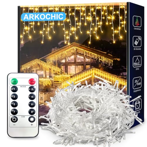 ARKOCHIC Lichterkette Eisregen Außen, 10M 400er LED Lichtervorhang LED mit Timer, IP44 wasserdicht 8 Modi für Innen Außen Weihnachten, Schlafzimmer, Party, Hochzeit, Balkon, Garten Deko (Warmweiß) von ARKOCHIC