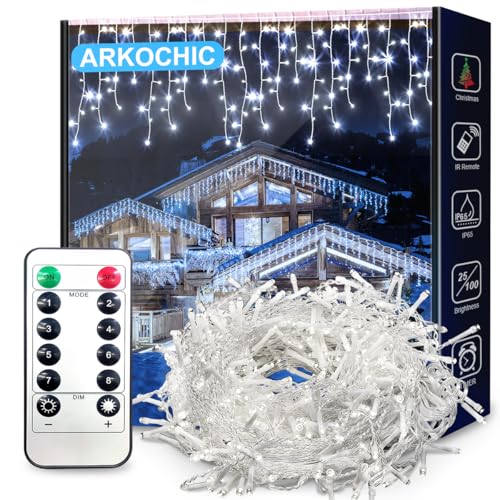 ARKOCHIC Lichterkette Eisregen Außen, 10M 400er LED Lichtervorhang LED mit Timer, IP44 wasserdicht 8 Modi für Innen Außen Weihnachten, Schlafzimmer, Party, Hochzeit, Balkon, Garten Deko Lights von ARKOCHIC