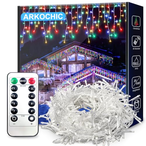 ARKOCHIC Lichterkette Eisregen Außen, 10M 400er LED Lichtervorhang LED mit Timer, IP65 wasserdicht 8 Modi für Innen Außen Weihnachten, Schlafzimmer, Party, Hochzeit, Balkon, Garten Deko（Bunt） von ARKOCHIC