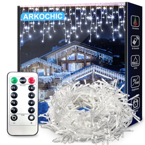 ARKOCHIC Lichterkette Eisregen Außen, 30M 1200er LED Lichtervorhang LED mit Timer, IP44 wasserdicht 8 Modi für Innen Außen Weihnachten, Schlafzimmer, Party, Hochzeit, Balkon, Garten (Kaltweiß) lights von ARKOCHIC