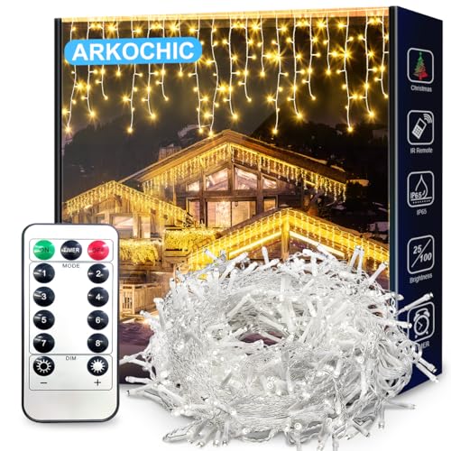 ARKOCHIC Lichterkette Eisregen Außen, 30M 1200er LED Lichtervorhang LED mit Timer, IP44 wasserdicht 8 Modi für Innen Außen Weihnachten, Schlafzimmer, Party, Hochzeit, Balkon, Garten Deko (Warmweiß) von ARKOCHIC