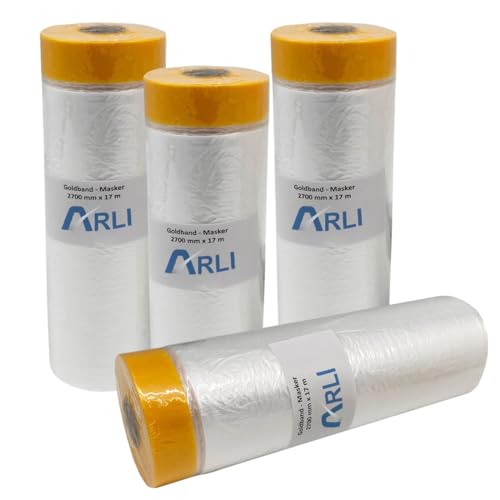 ARLI Masker Goldband 2700 mm x 17 m 4 Rollen Abdeckfolie mit Klebeband Malerfolie Baufolie Maler Lackierer Folie Tape (4x Stück) von ARLI