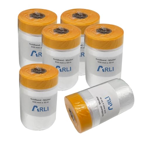 ARLI Masker Goldband 550 mm x 33 m 6 Rollen Abdeckfolie mit Klebeband Malerfolie Baufolie Maler Lackierer Folie Tape (6x Stück) von ARLI