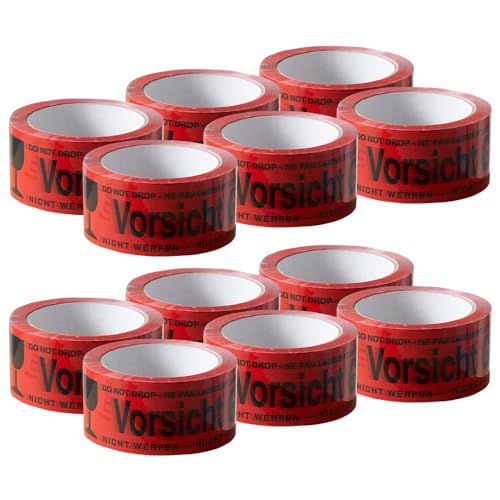 ARLI Paketband Vorsicht Glas 12 Rollen Paketklebeband - 66m x 48mm Warnhinweis rot für sicheren Versand von Glaswaren Auffälliges rotes Klebeband mit Aufdruck zerbrechlich (12x Vorsicht Glas) von ARLI