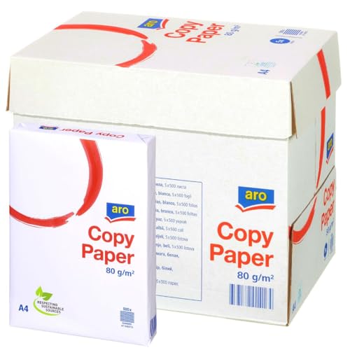 aro Kopierpapier DIN A4, 80 g/m², weiß, Weißgrad von 145-161 CIE, 5 x 500 Blatt (2500 Blatt), für Laserdrucker & Tintenstrahldrucker, Home Office & Büro von aro