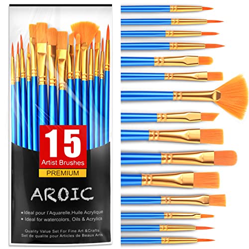 AROIC Acryl-Pinsel-Set, Nylon-Haarpinsel für Allzweck, Öl, Aquarell, Gesicht, Körper, Felsmalerei, Künstler, kleine Pinsel-Sets für Kinder und Erwachsene, 15 Stück von AROIC