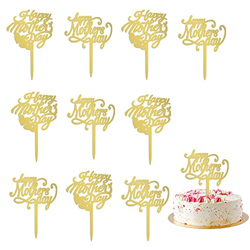 AROKIPPRY 10 Stück Happy Mother's Day Kuchendekorationen Acryl doppelseitig Glitzer Kuchen Dekorationen für Muttertag Mutter Geburtstag Party (Gold) von AROKIPPRY