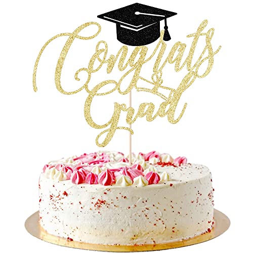 AROKIPPRY Congrats Grad Cake Topper – 2023 Abschlussfeier Dekorationen Zubehör – Abschlussfeier Kuchenaufsatz – Herzlichen Glückwunsch an Absolventen zur Dekoration (Gold und Schwarz) (Gold) von AROKIPPRY