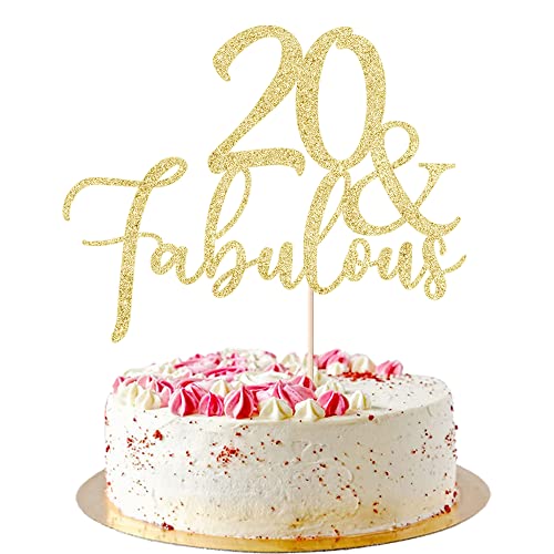 AROKIPPRY Gold Glitter 20 & Fabulous Cake Topper, Cake Topper 20th Birthday, 20 Anniversary Birthday Cake Decorations Supplies (20) von AROKIPPRY