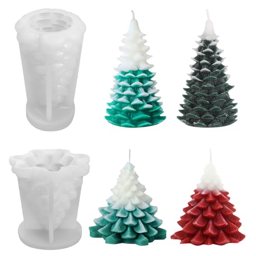 AROMUJOY 2 Stück Kerzen Formen Silikon, 3D Weihnachtsbaum Kerzenform, Gießformen Silikon Weihnachten, Silikonform Tannenbaum für DIY Duftkerze Handwerk Ornamente von AROMUJOY