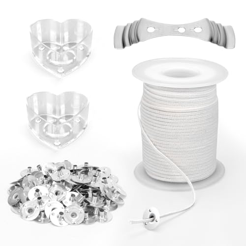 AROMUJOY 61m Kerzendocht Rolle, Kerzendochte für Kerzen Set, Rauchfrei Dochte für Kerzen mit 100 Metallbasis und 1 Zentriervorrichtung, 2 Kerzengießform, Cotton Candle Wick für die Kerzenherstellung von AROMUJOY