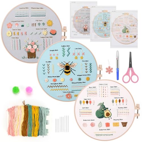 AROMUJOY Sticken Set Erwachsene, 3 Sets Stickset für Anfänger, Stickerei Set Embroidery kit mit 1 Stück Stickrahmen und Instructions, Kreuzstich Set Starter Tools für DIY Kunst, Handwerk, Stickstich von AROMUJOY