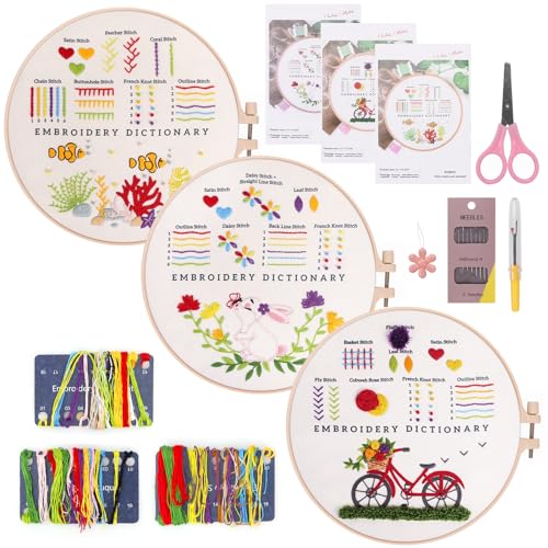 AROMUJOY Sticken für Anfänger, 3 Stück Embroidery Kit, Sticken Set Erwachsene, Stickset für Anfänger mit 1 Stück Stickrahmen und Instructions, Kreuzstich Set für DIY Kunst, Handwerk, Stickstich von AROMUJOY