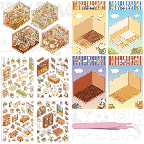 ARONRAVE 3D House Stickers, Miniatur Haus Sticker 3D Sticker Scene Stickers Cartoon DIY Ladenszenenaufkleber Szene zum Selbermachen von Supermarkt, Café, Restaurant für Erwachsene und Kinder von ARONRAVE