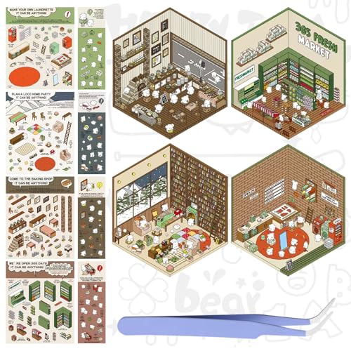 ARONRAVE 3D House Stickers, Miniatur Haus Sticker 3D Sticker Scene Stickers Cartoon DIY Ladenszenenaufkleber Szene zum Selbermachen von Supermarkt, Café, Restaurant für Erwachsene und Kinder von ARONRAVE