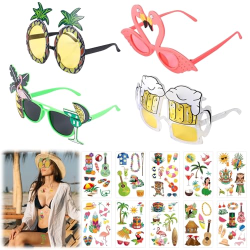 ARONRAVE Party Brille, Lustige Sonnenbrille 4 Hawaii Brille + 10 Hawaii Tattoos lustige hawaiianische Brillen Fotorequisiten Tropische Party Strand Thema Dekoration Party Zubehör Foto Requisiten von ARONRAVE