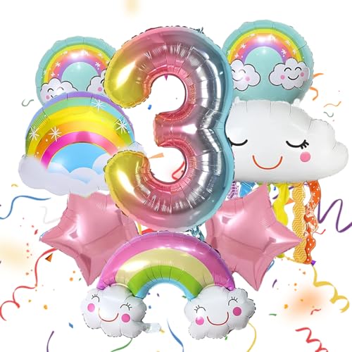 ARONRAVE Regenbogen Geburtstagsdeko 3 Jahre, Folienballon Wolke Regenbogen Deko Wolken Folienballon Rosa Stern Pastell Rundballons für Geburtstagsdeko Mädchen 3 Jahre von ARONRAVE