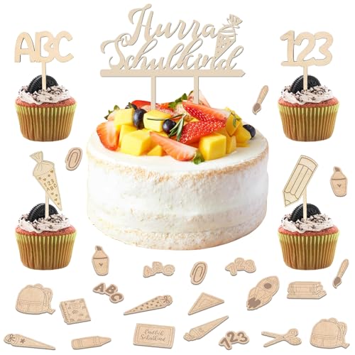 ARONRAVE Tortendeko Einschulung Holz, 46 Stück Cake Topper Einschulung Set Einschulung ABC 123 Kuchendeko,Schulkind Tortendeko Einschulung Schulanfang Tortendeko Für Schuleinführung Party Deko von ARONRAVE