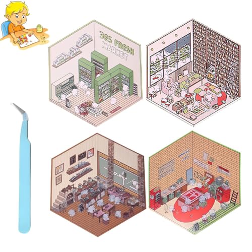 4 Stück 3D Sticker Scene, 3D House Sticker Set, 3D Sticker, Bauen Sie Ihren eigenen Lebensmittelgeschäft/Bäckerei/Waschküche/Arbeitszimmer, Fun Cute Scene Stickers Relief Stress for Adult Kids von ARROMI