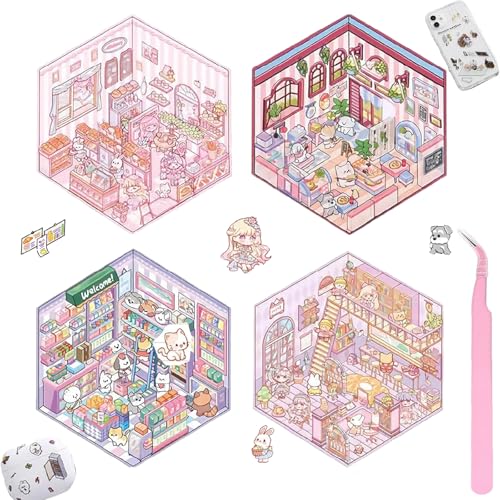 5 Sätze 3D Sticker Scene, 3D Sticker, Sticker 3D, 3D Sticker Maker, 3D House Stickers, DIY 3D House Stickers Mit Tweezers, Fun Cute Scene Stickers Relief Stress for Adult Kids von ARROMI